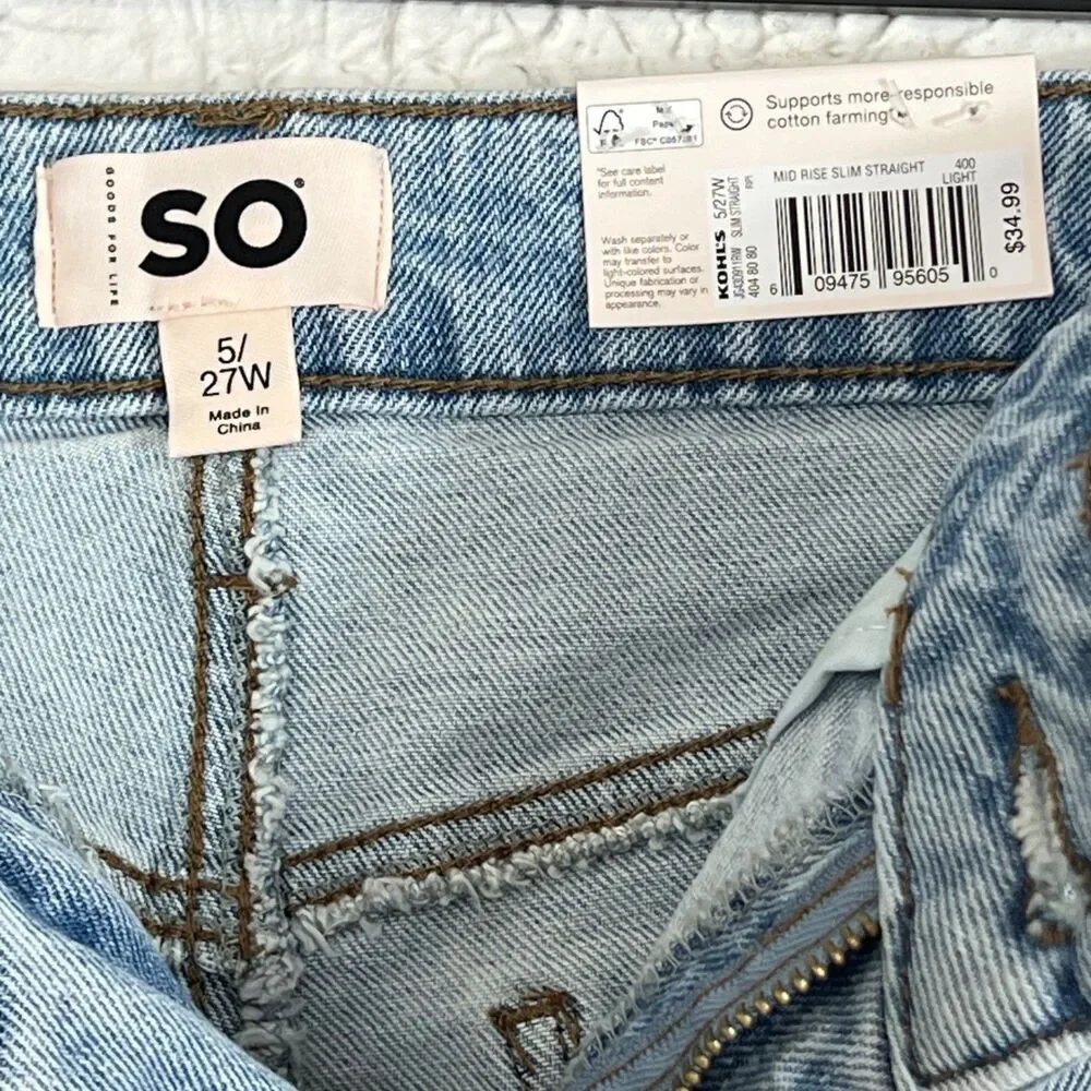 SO Mid Rise Slim Straight Jeans Light Wash Denim Sometstretch Size 5/27W